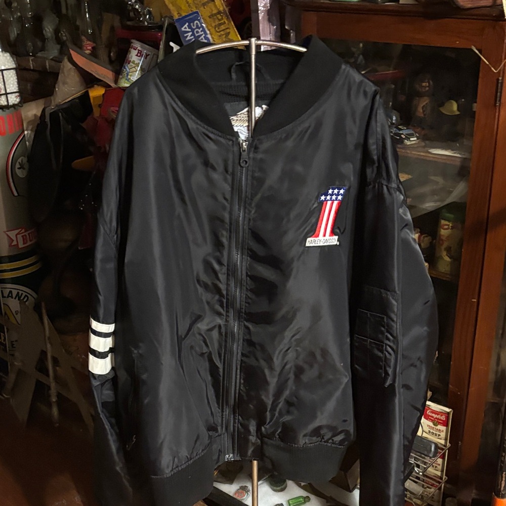 Harley-Davidson Black Varsity Jacket with Flag Patch.